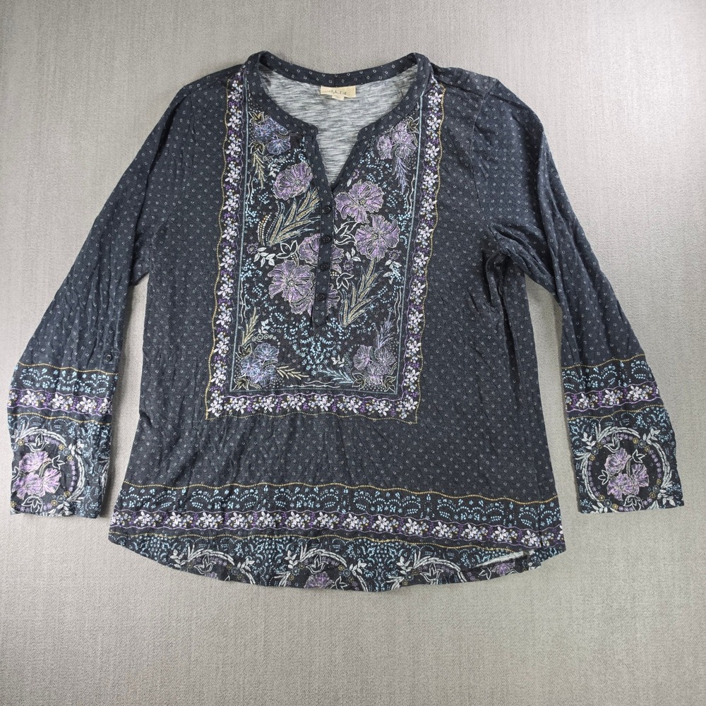 Style & Co Henley Top Women XL Charcoal Floral Boho Roll Tab Sleeve Cotton Modal